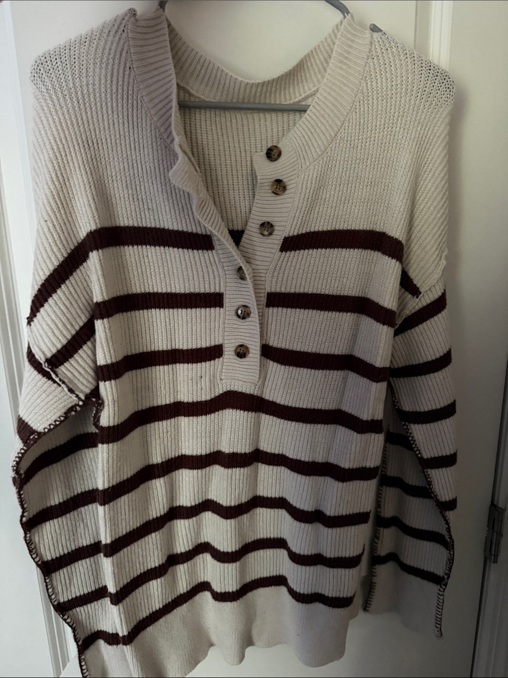 Striped Cream and Brown Button Henley Sweater